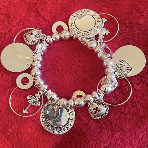 Jewelry - Pretty Silvertone Cross and Heart Dangle Charm Beaded Statement Stretch Bracelet